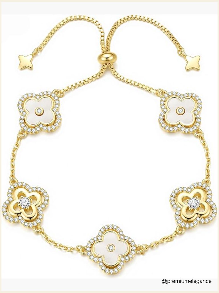 14k Gold Plated Four Leaf Clover Cz Link Bracelet Dainty